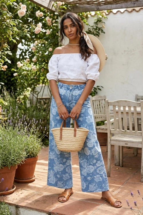 Light denim blue spodnie wide leg z wysokim stanem i różami na dole Erbusco