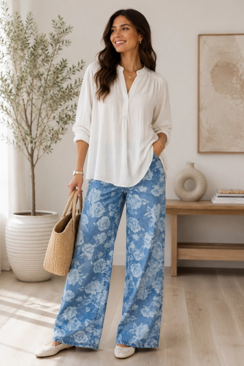 Spodnie wide leg light denim blue z szeroką nogawką wysokim stanem i gumką w pasie w róże Fiesse
