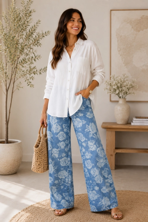 Spodnie wide leg light denim blue w róże z wysokim stanem i szeroką nogawką Fiesse