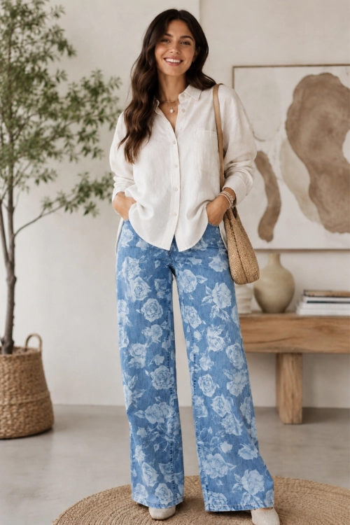 Spodnie wide leg light denim blue z szeroką nogawką i różami Fiesse