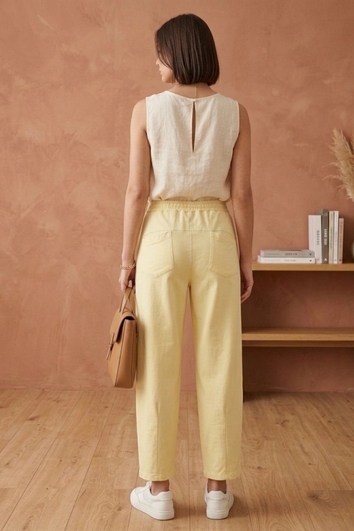 Spodnie wide leg pastelowe żółte damskie z gumką w pasie luźne wygodne casual letnie