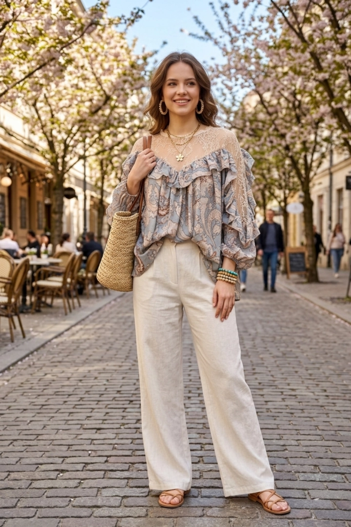 Bluzka oversize niebieska w kwiaty z długim rękawem Ghedi
