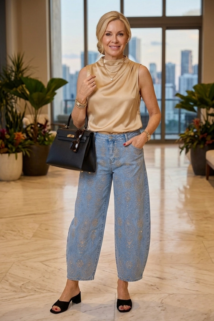 Jeansy Gionzana denim blue damskie z balonową nogawką i haftem paisley