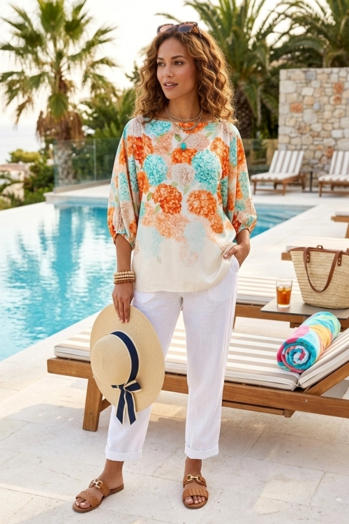Bluzka Azeglio beżowo pomarańczowa oversize z rękawem kimono w kwiaty