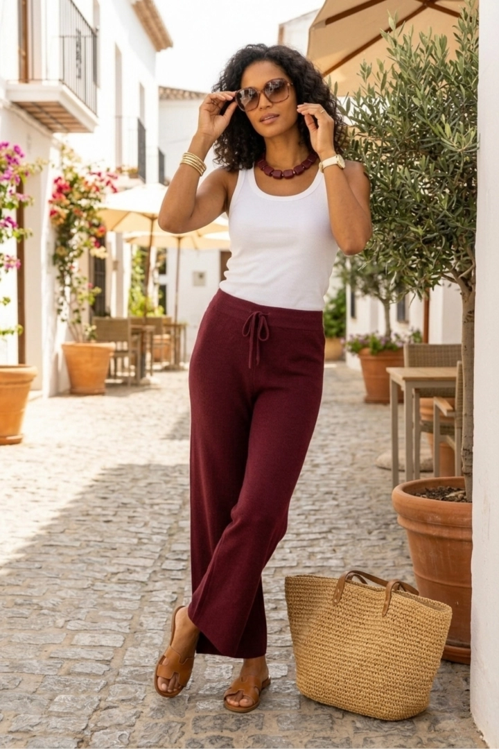 Bordowe spodnie dzianinowe wide leg na gumie w pasie i z wysokim stanem Poncarale