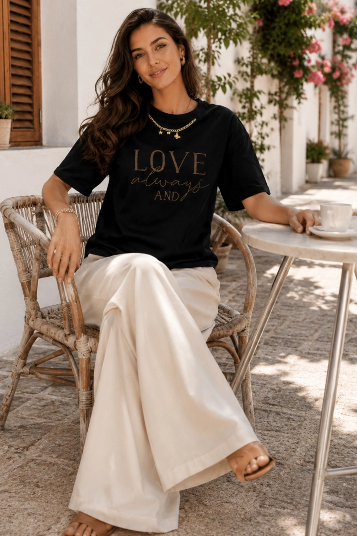 Czarna bluzka damska Sondrio LOVE z koralikami i eleganckim detalem przy dekolcie