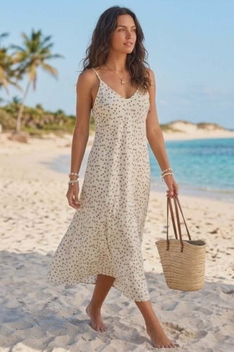Beżowa sukienka maxi w groszki styl boho Pugnano