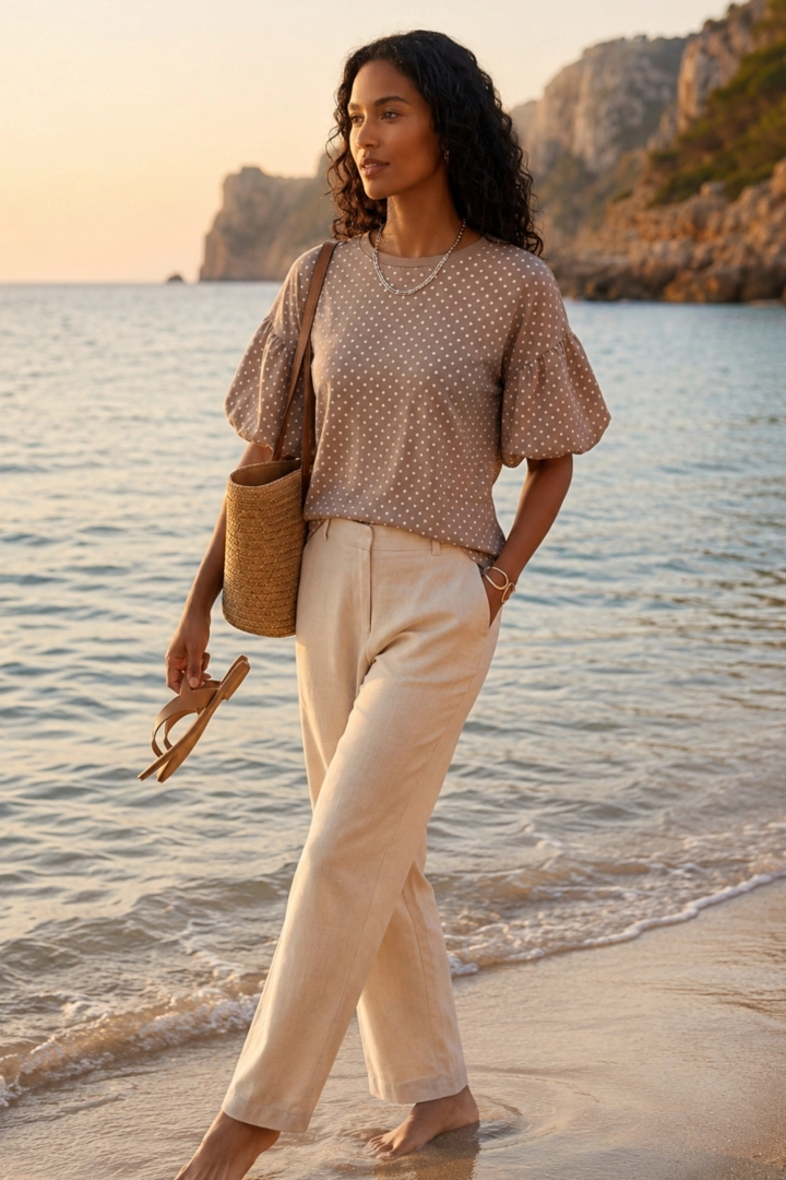 Cassinelle bluzka fango w groszki oversize z bufkami styl casual