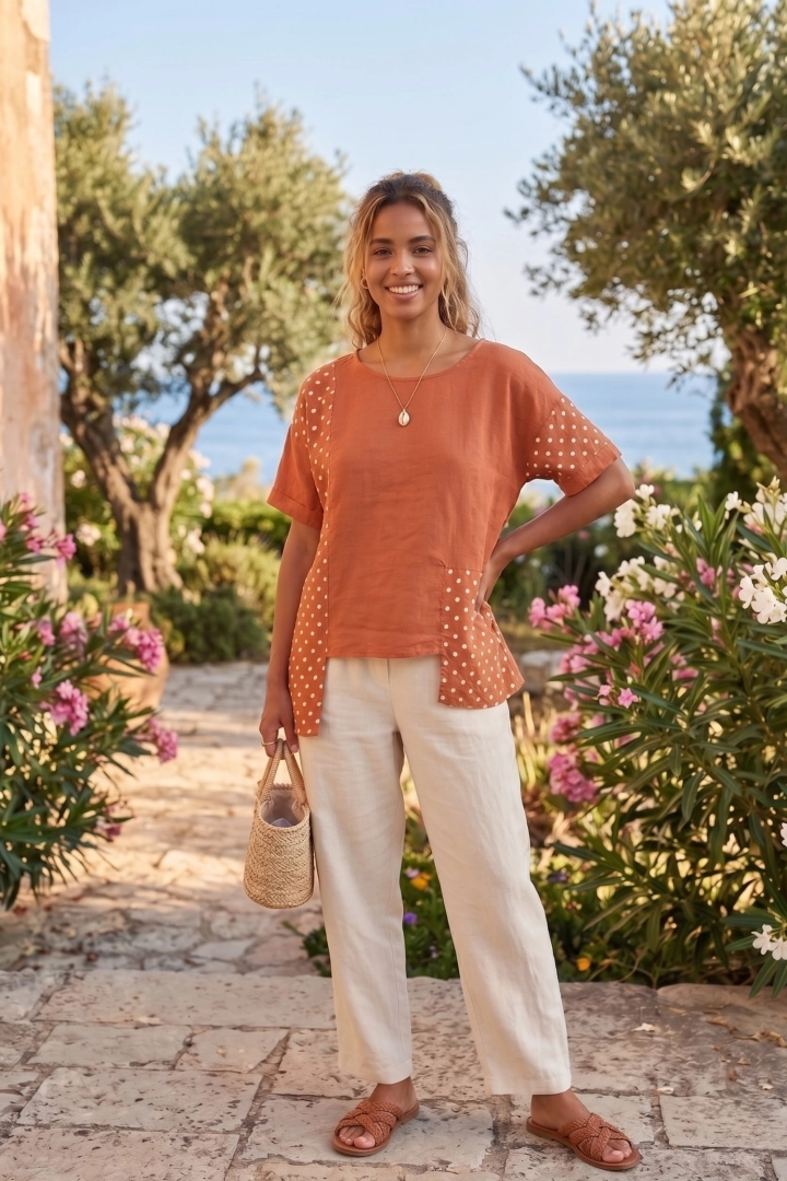 Bluzka damska cynamonowa w groszki oversize z krótkim rękawem i okrągłym dekoltem Rudiano