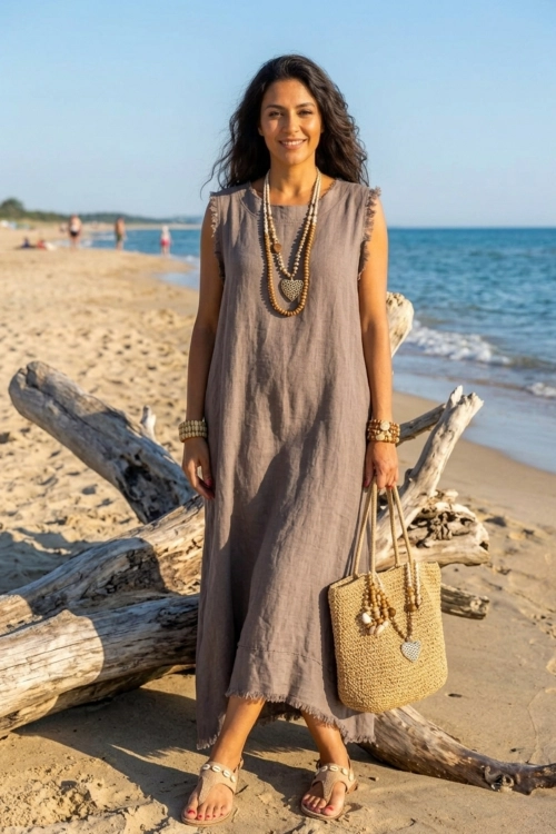 Sukienka maxi fango Attimis z lnu na ramiączkach w stylu casual boho eleganckim