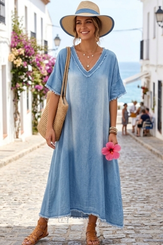 Sukienka light denim blue Vinchio o fasonie oversize maxi z dekoltem V i krótkim rękawem