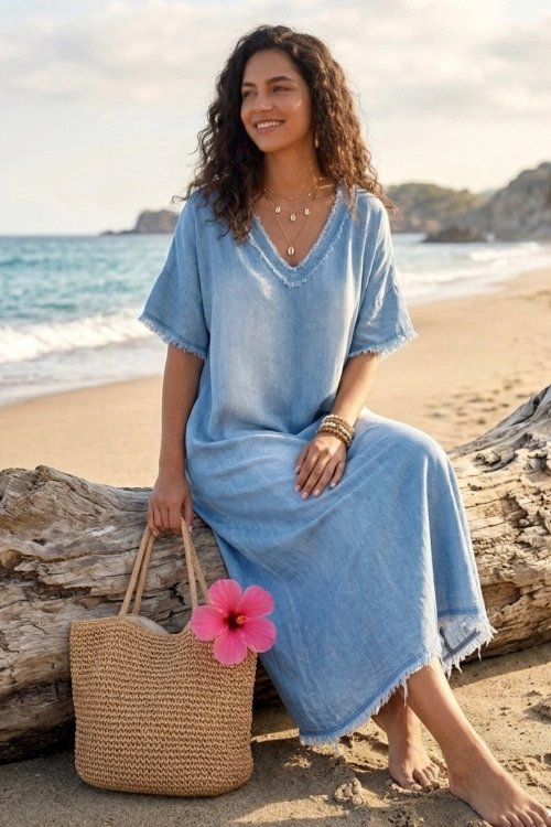 Długa sukienka maxi Vinchio light denim blue z lyocellu o luźnym fasonie oversize