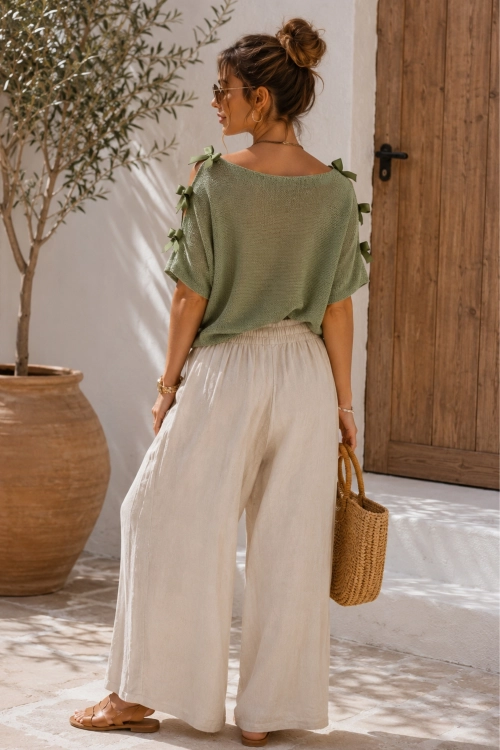 Khaki bluzka z rękawem kimono i ozdobnymi kokardkami