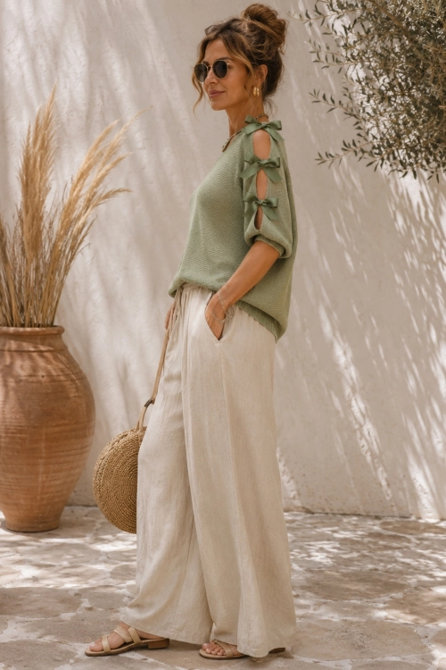 Bluzka khaki z okrągłym dekoltem rękawem kimono i kokardkami model Ottiglio