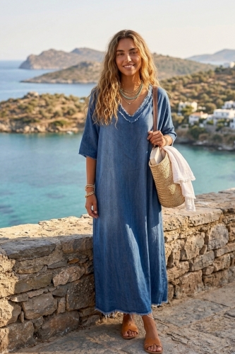 Sukienka maxi Vinchio denim blue oversize z krótkim rękawem wykonana z lyocellu
