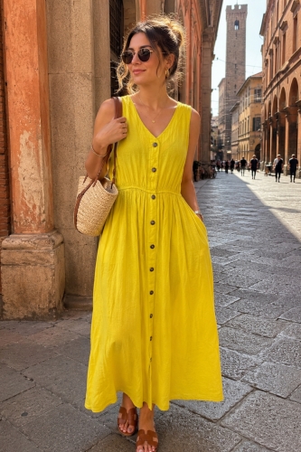 Pradamano sukienka maxi żółta z ozdobnymi guzikami i elastycznym pasem w stylu boho