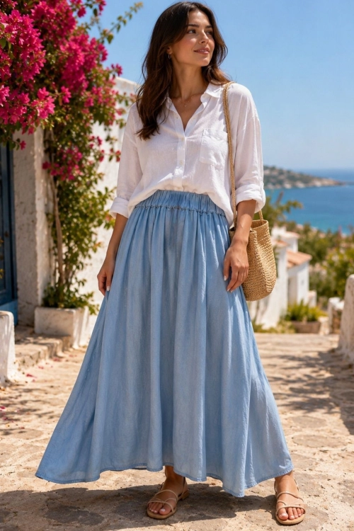 Lovaria spódnica maxi light denim blue cienki jeans z gumką w pasie i luźnym fasonem