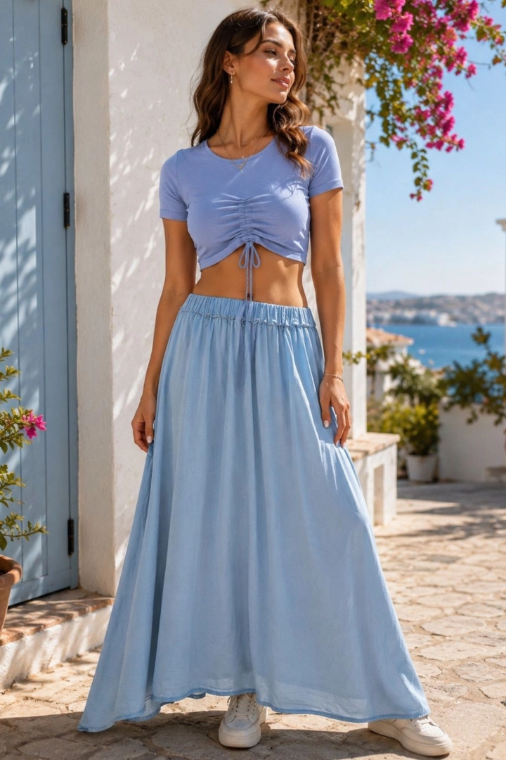 Spódnica maxi Lovaria light denim blue rozkloszowana denimowa z miękkiego jeansu