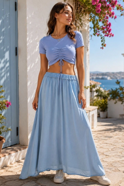 Spódnica maxi Lovaria light denim blue rozkloszowana denimowa z miękkiego jeansu