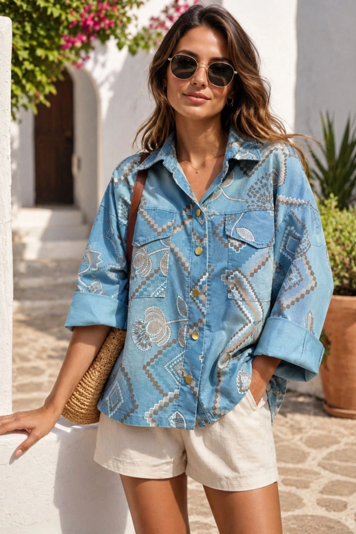 Tiriolo kurtka jeansowa light denim blue aztecki print z guzikami na lato casual