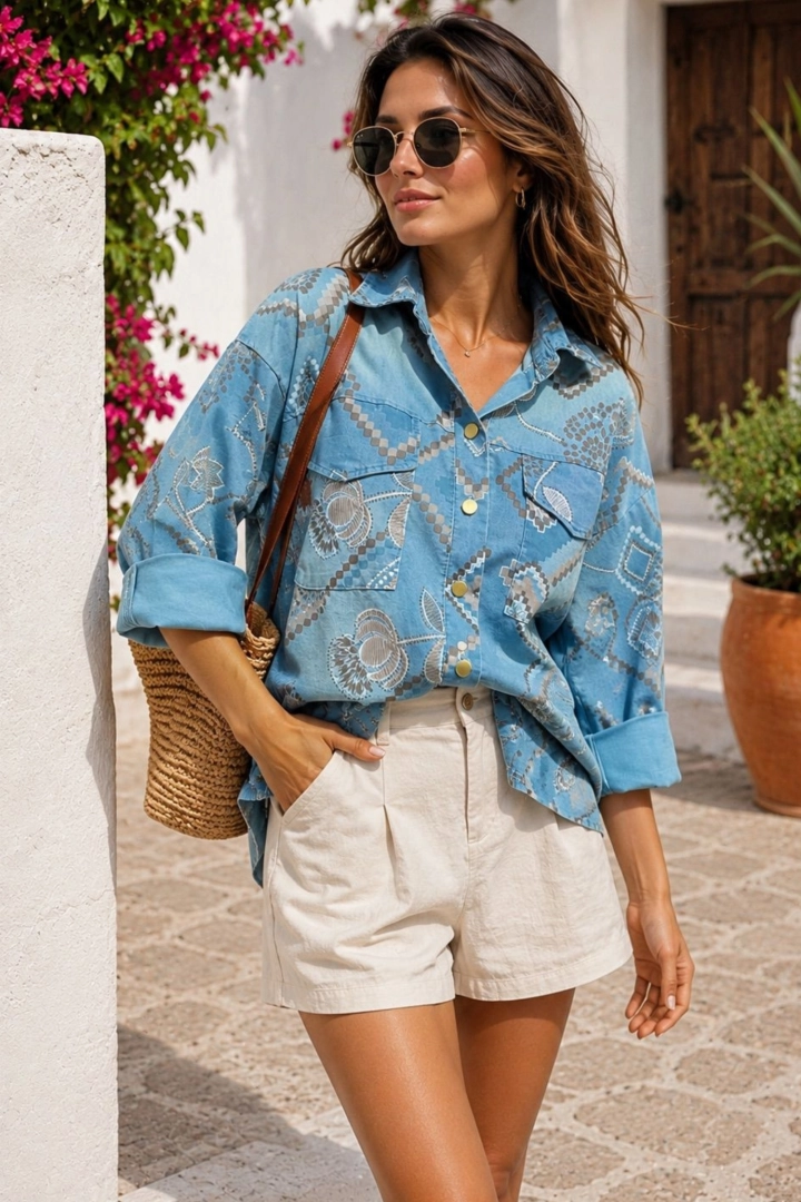 Kurtka Tiriolo light denim blue w azteckie wzory cienki denim zapinana na guziki letnia