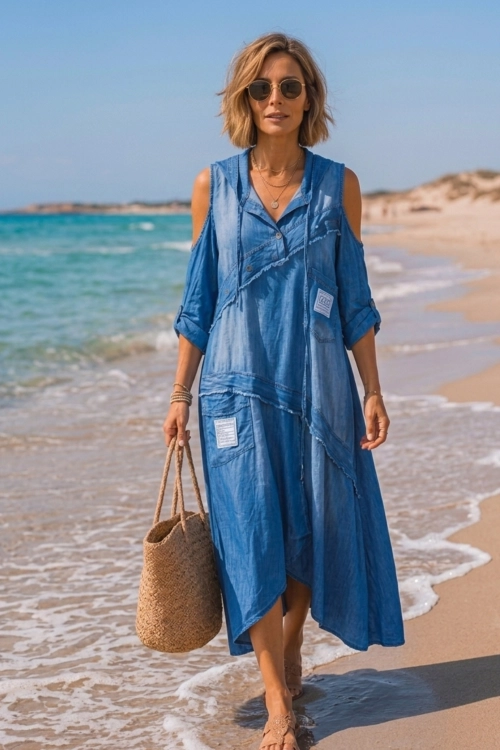 Sukienka Monteliscai denim blue oversize midi denimowa z wyciętymi ramionami i kapturem styl casual