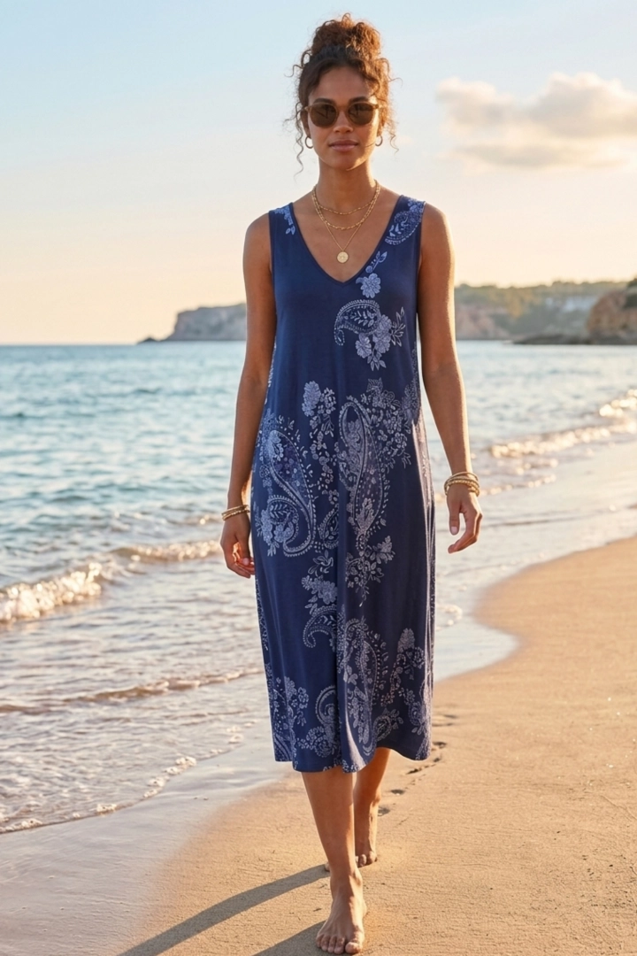 Sukienka letnia Racchiuso granatowa w ornamenty ze skosu midi elegancka boho