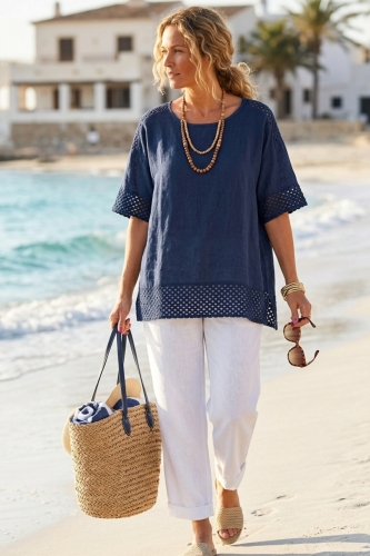 Terenzano bluzka granatowa ażurowa krótki rękaw casual letnia styl boho