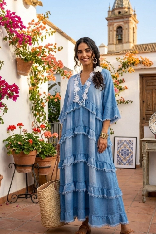 Sukienka Osoppo maxi jeansowa light denim blue z dekoltem V i strzępieniami
