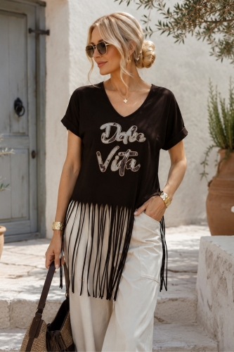T-shirt brązowy z frędzlami napisem dekoltem V i krótkim rękawem casual Paitone