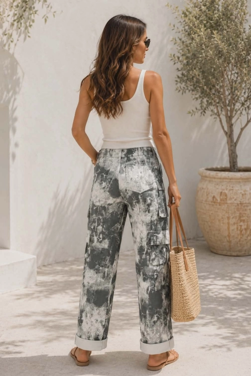 Casalfoschino spodnie damskie grafitowe cargo wide leg z efektem tie-dye