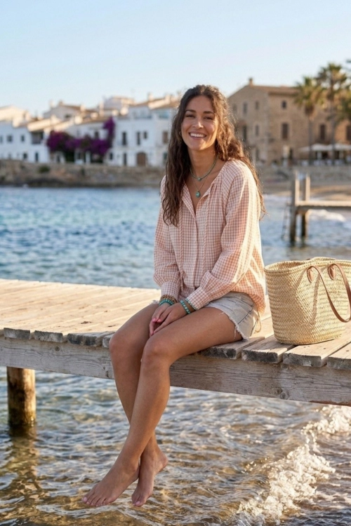 Elegancka tunika Refrancore beżowa oversize w kratkę z lekkiej tkaniny