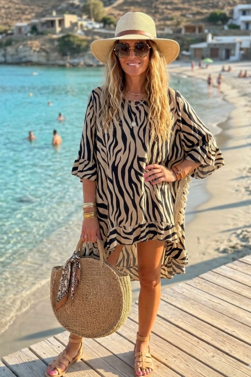 Tunika boho Pardossi beżowa oversize asymetryczna w zwierzęcy print lekka wiskoza