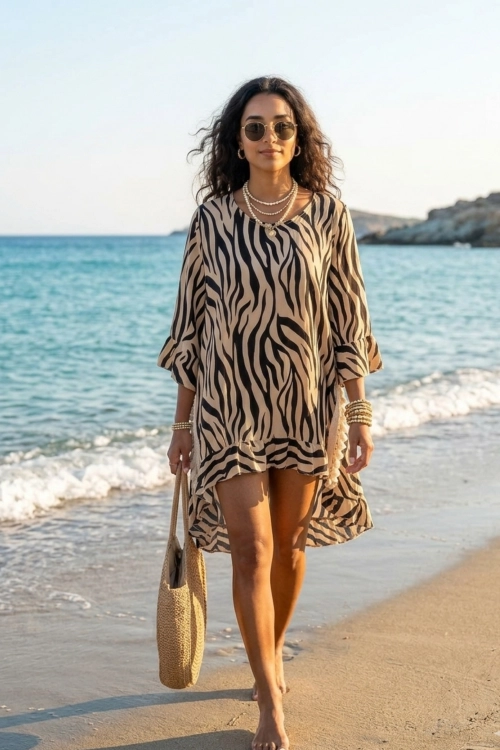 Beżowa tunika damska Pardossi oversize boho z luźnym krojem i wzorem zwierzęcym