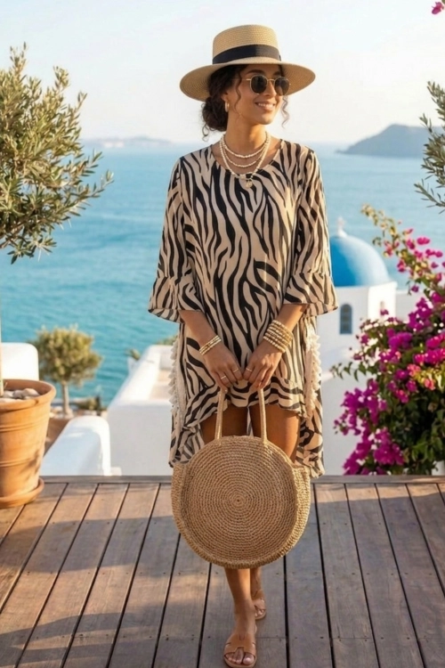 Tunika Pardossi beżowa oversize 100% wiskoza boho asymetryczna w zwierzęcy motyw