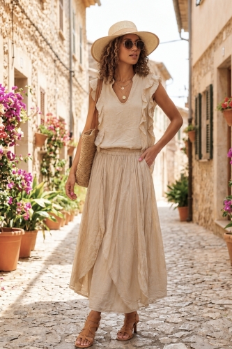 Spódnica Belfiore maxi beżowa boho z falbanami i naturalnej bawełny lato