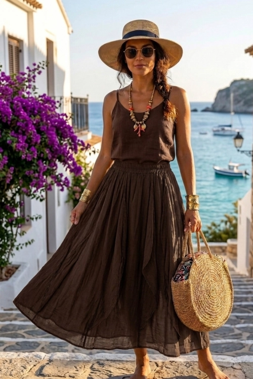 Spódnica damska maxi brązowa Belfiore bawełniana z gumką i falbanami boho