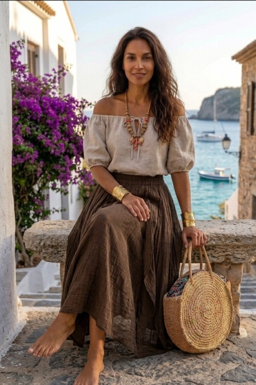 Spódnica Belfiore maxi brązowa boho z falbanami bawełniana lekka na lato