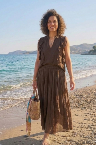 Belfiore spódnica maxi brązowa boho z falbanami i kieszeniami styl wakacyjny