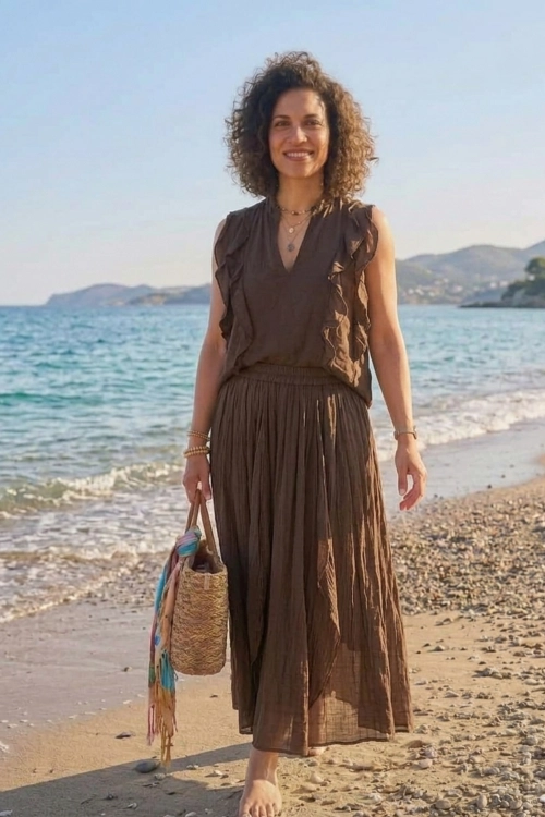 Belfiore spódnica maxi brązowa boho z falbanami i kieszeniami styl wakacyjny