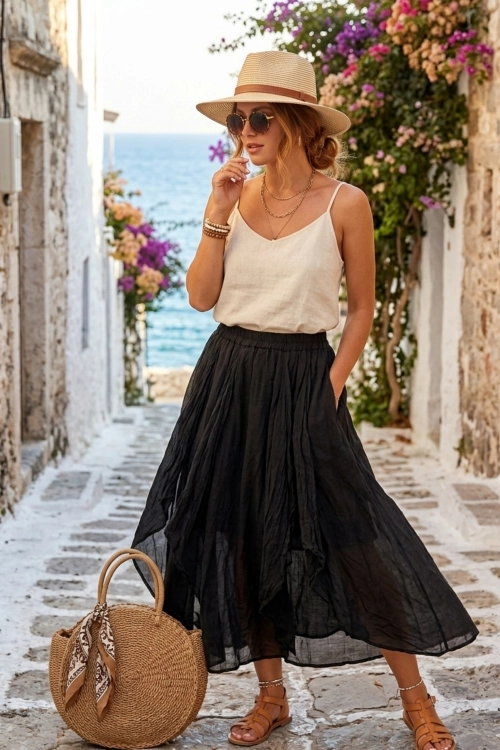 Spódnica damska maxi czarna Belfiore bawełniana z gumką i falbanami boho
