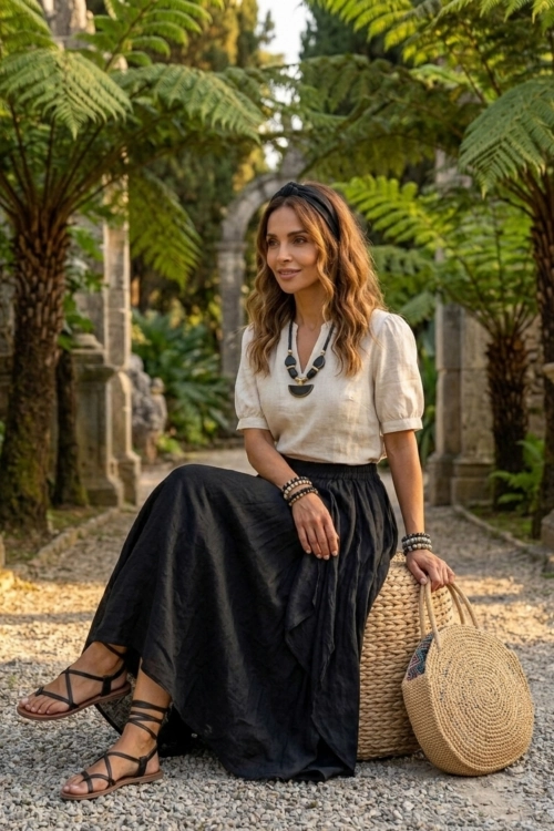 Czarna spódnica maxi Belfiore boho elastyczna talia kieszenie lekki fason