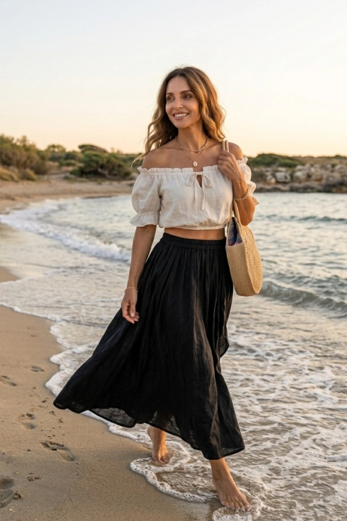 Spódnica Belfiore maxi czarna boho z falbanami i naturalnej bawełny lato