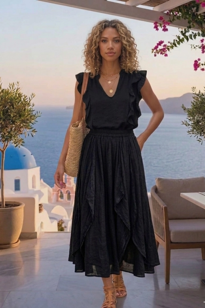 Belfiore spódnica maxi czarna boho z falbanami i kieszeniami styl wakacyjny
