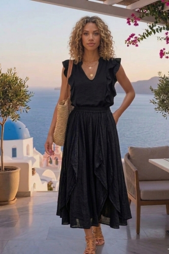 Belfiore spódnica maxi czarna boho z falbanami i kieszeniami styl wakacyjny