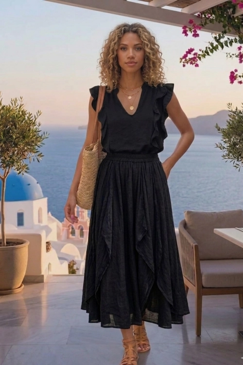 Belfiore spódnica maxi czarna boho z falbanami i kieszeniami styl wakacyjny