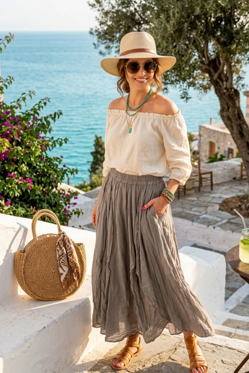 Spódnica damska maxi fango Belfiore bawełniana z gumką i falbanami boho