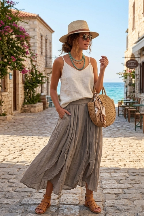 Fango spódnica maxi Belfiore boho elastyczna talia kieszenie naturalny styl