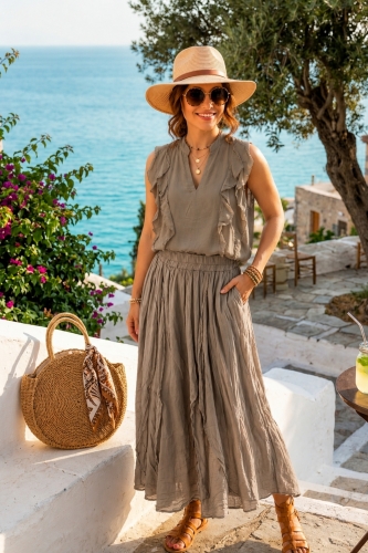 Belfiore spódnica maxi fango boho z falbanami i kieszeniami styl wakacyjny