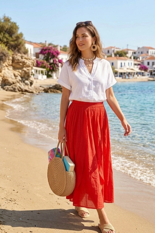 Czerwona spódnica maxi Belfiore boho elastyczna talia kieszenie lekki fason